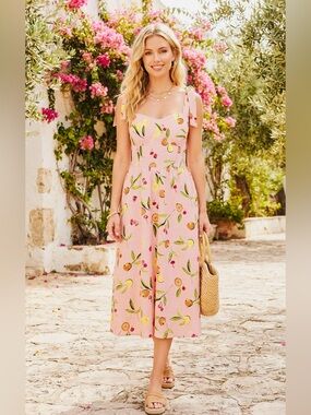 LC Lauren Conrad Pink Fruit Print Tie Strap Midi Dress Size L
